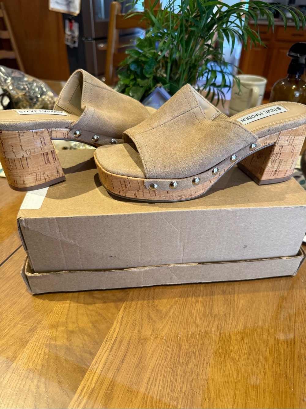 Steve Madden Celiah Taupe Suede Cork-Block Slide Mules